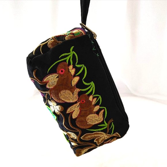 Embroidery Rabbits Floral Fabric Wristlet Pouch Black Brown Red 3-Layer Zippers - Picture 5 of 13